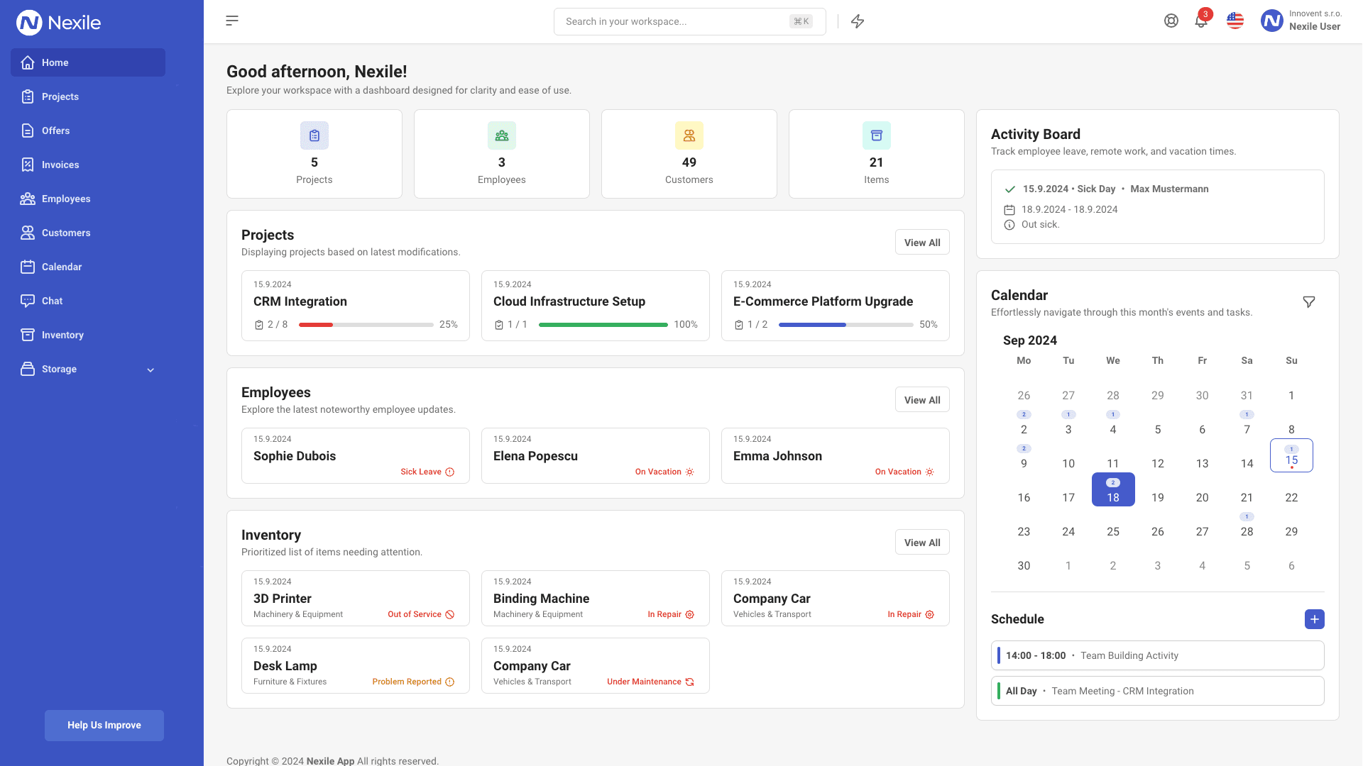 Screenshot of Nexile App Dashboard